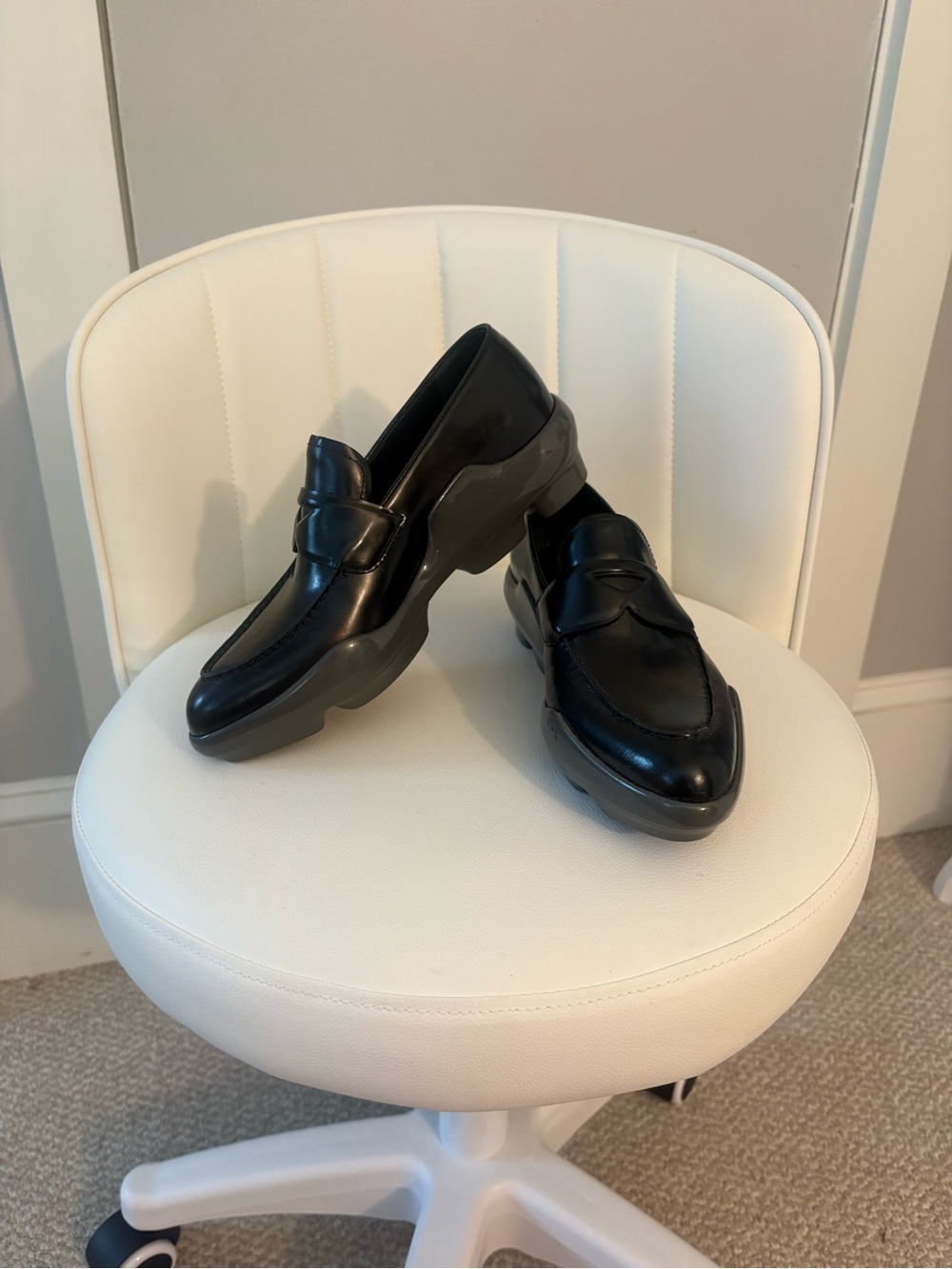 Prada Black Leather Penny Loafers with Chunky Gray Sole
